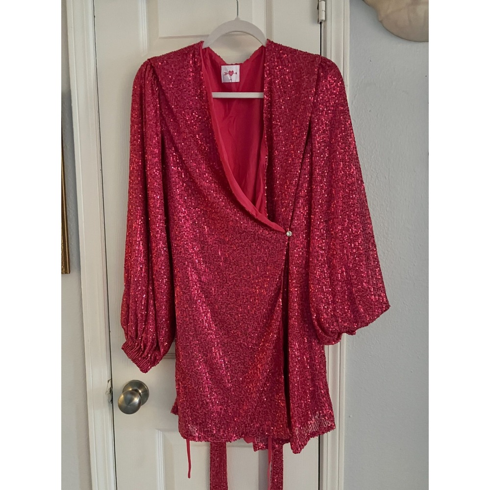 BuddyLove Adeline Sequin Wrap Dress Women's Large Pink Short Barbiecore Party